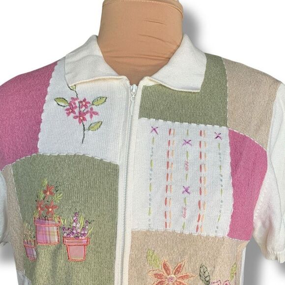 Vintage 90s Embroidered Cardigan Oatmeal Patchwork Light Pink Floral Knit Zipper - Picture 2 of 12